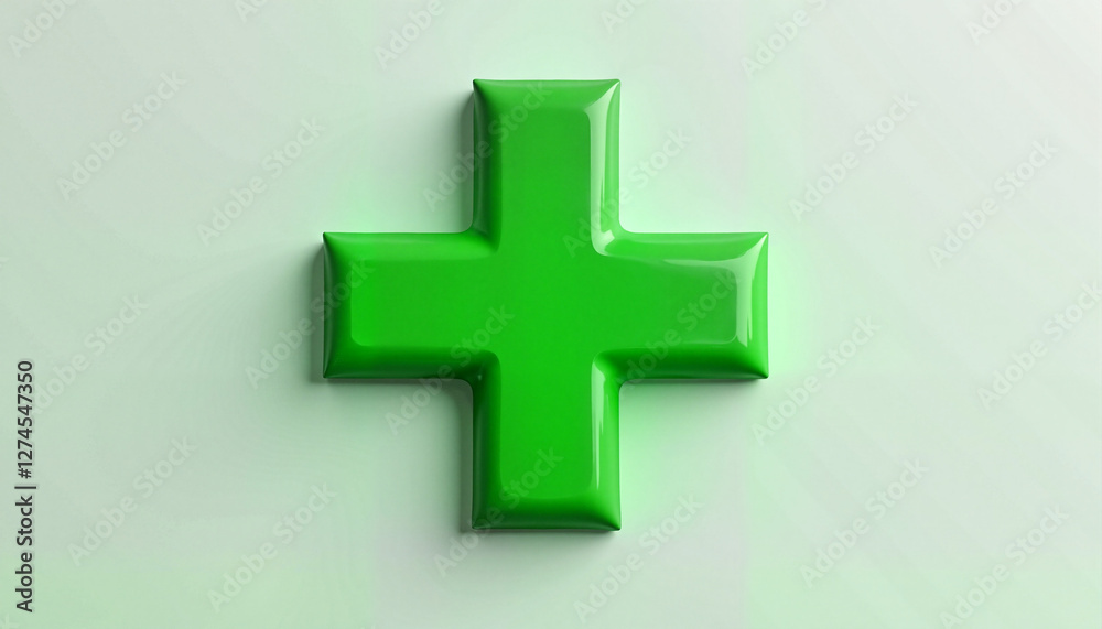 Fototapeta premium Glossy green cross logo on clean background, health symbolism