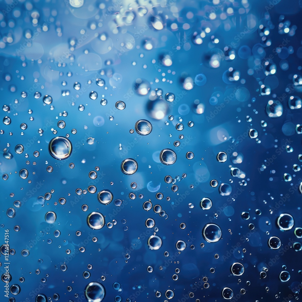 Close-up of water droplets on a blue surface with a bokeh effect. The image turns out to be dreamy and soft, embodying freshness and clarity. Close-up of water droplets on a blue surface with a bokeh effect. The image turns out to be dreamy and soft, embodying freshness and clarity.