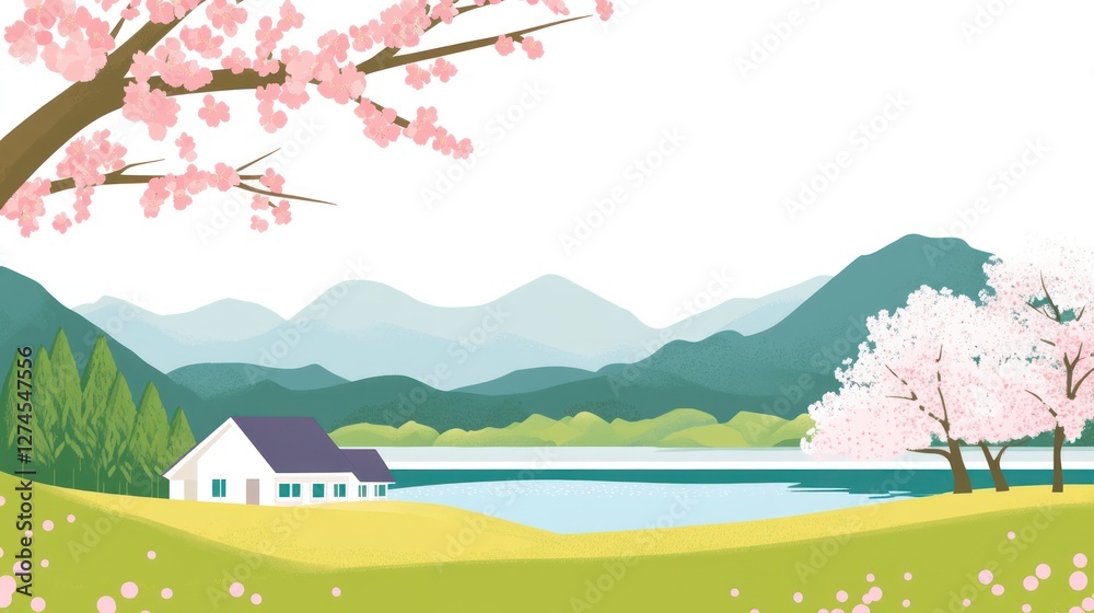 Spring lake house, cherry blossoms, mountains, calm Spring lake house, cherry blossoms, mountains, calm