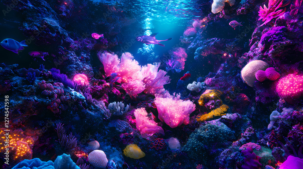 Fototapeta premium Explore a fantastical underwater realm adorned with rose-painted coral and luminous marine creatures, creating a dreamlike atmosphere of color and serenity. Bioluminescent Tidal Pools. Illustration