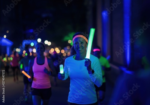 Nighttime fun run with neon glow sticks
