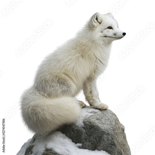 Arctic fox standing on snowcovered rock under soft light