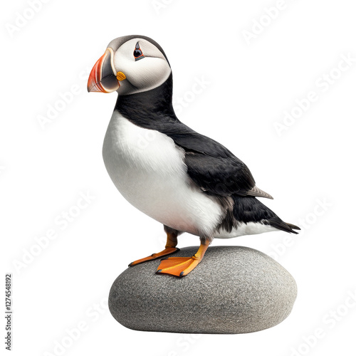 Atlantic puffin perched on grey stone in clear photo