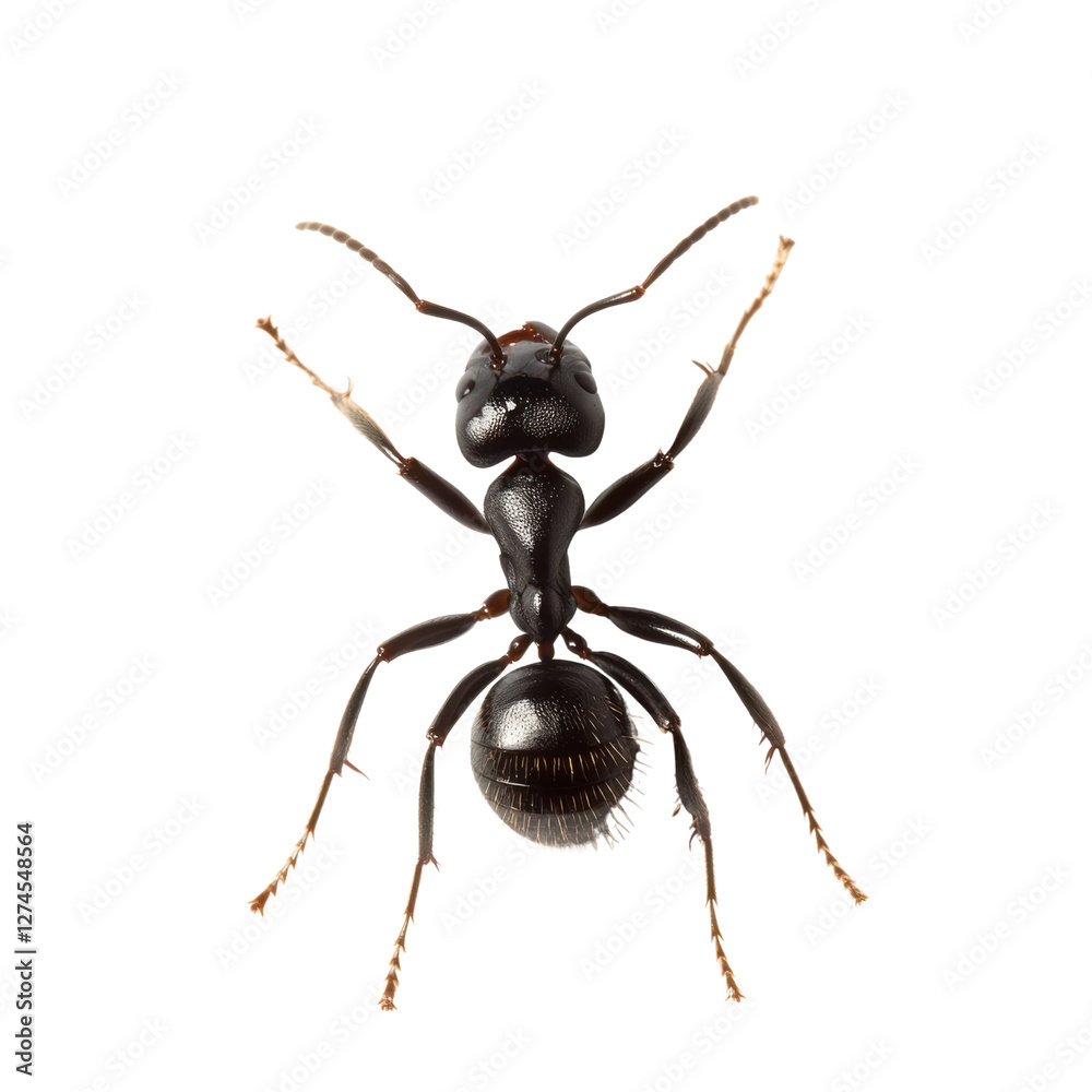 Fototapeta premium Black garden ant in sharp focus on white background with soft lighting showcasing exoskeleton