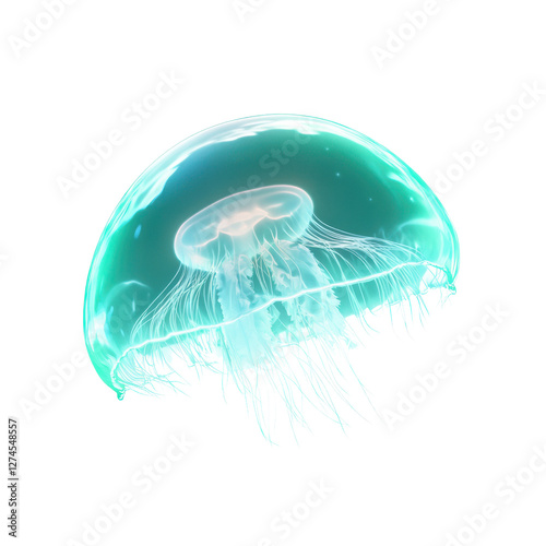 Single jellyfish isolated on white background glowing softly closeup view