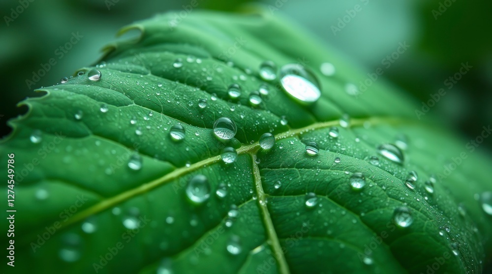 Green Leaf Dew Drops Macro Photography Nature Image Green Leaf Dew Drops Macro Photography Nature Image