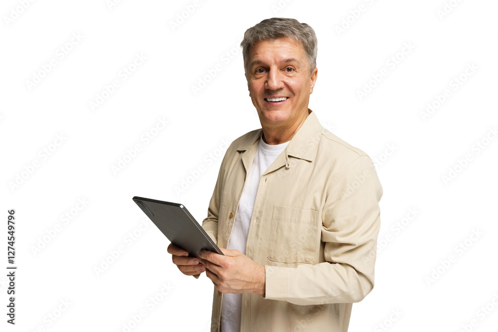 Smiling middle-aged man holding a tablet with a cheerful expression in a bright, minimalist setting Smiling middle-aged man holding a tablet with a cheerful expression in a bright, minimalist setting
