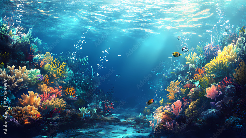Naklejka premium Vibrant underwater ecosystems featuring diverse marine species lush coral reefs clear blue waters, fish, diversity, ocean, aquatic, life, habitat, seaweed. Bioluminescent Tidal Pools. Illustration