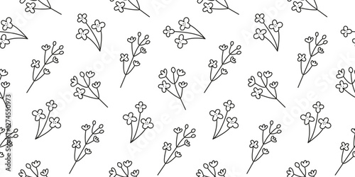 Black and white seamless pattern with doodle outline rapeseed canola flowers.