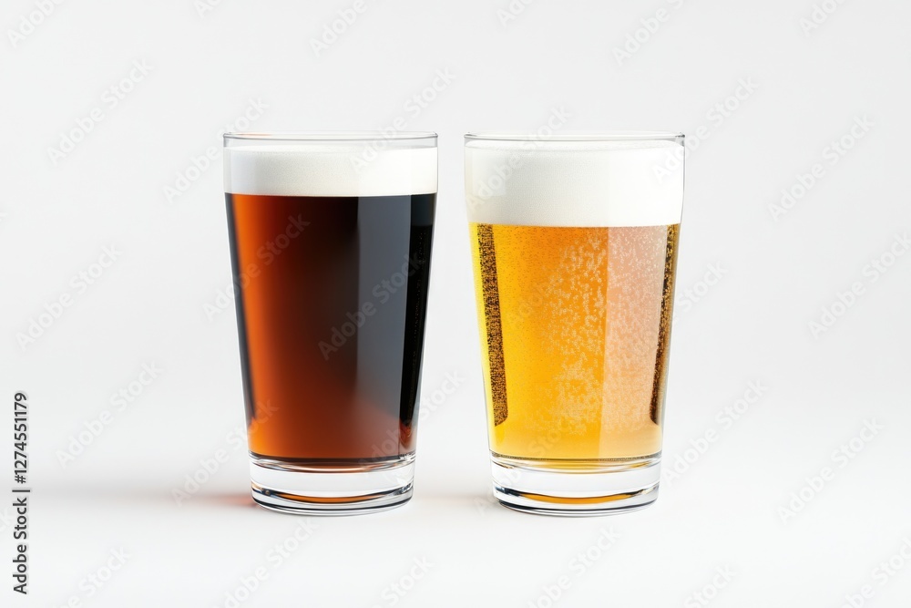 Two beers, one with a frothy top and the other clear, served in glass mugs or cups. Two beers, one with a frothy top and the other clear, served in glass mugs or cups.