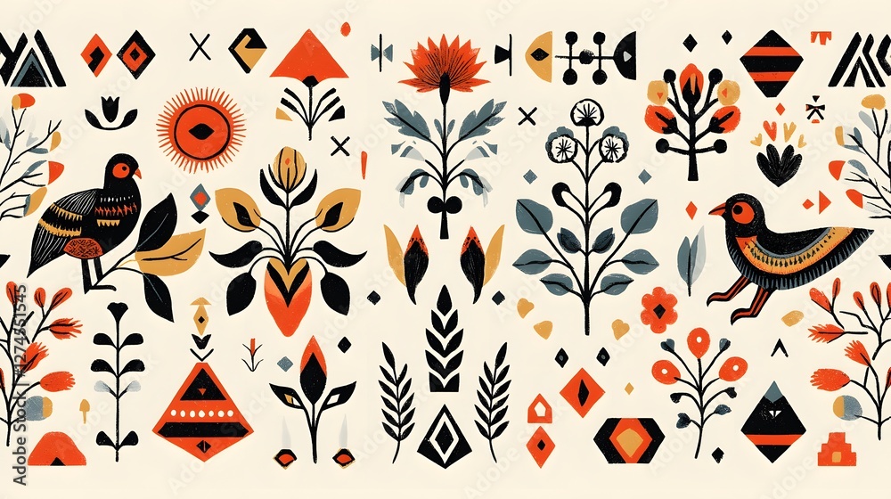 A vibrant pattern featuring stylized birds, flowers, and geometric shapes in warm colors. A vibrant pattern featuring stylized birds, flowers, and geometric shapes in warm colors.