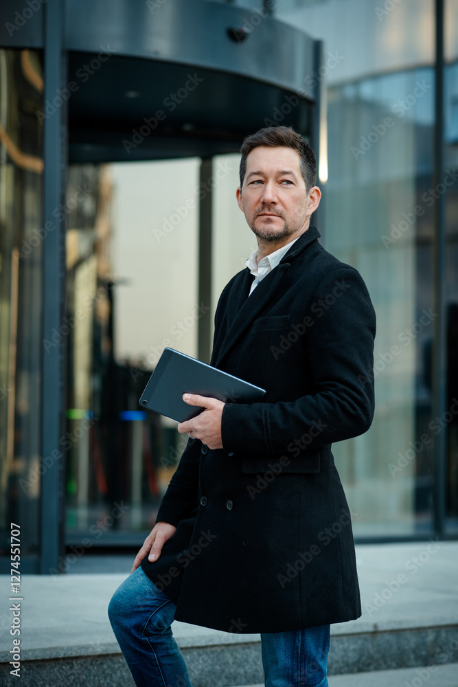 Fototapeta premium Elegant adult businessman stand on city center, downtown background