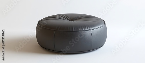 Chic round footstool in charcoal leather, isolated on pristine white backdrop, full ultra HD,