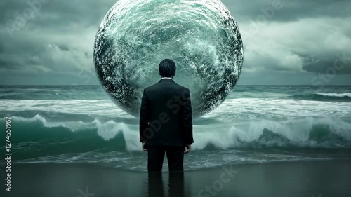 Standing at the shoreline, a man contemplates a large, luminous sphere hovering over turbulent waves during a stormy day
