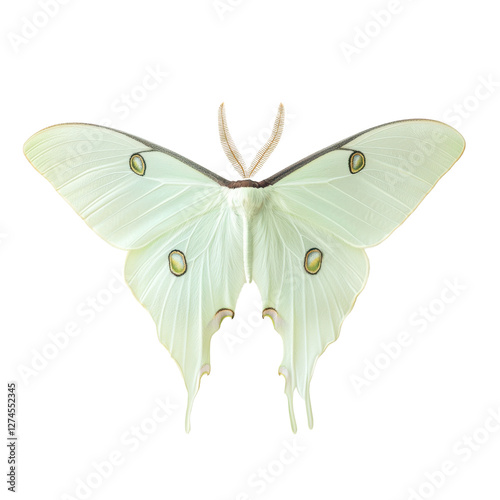 Isolated Luna moth with ethereal delicate translucent wings on white