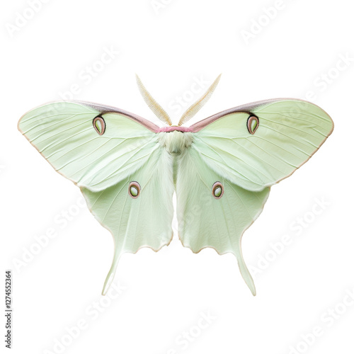 Isolated Luna moth with ethereal delicate translucent wings on white