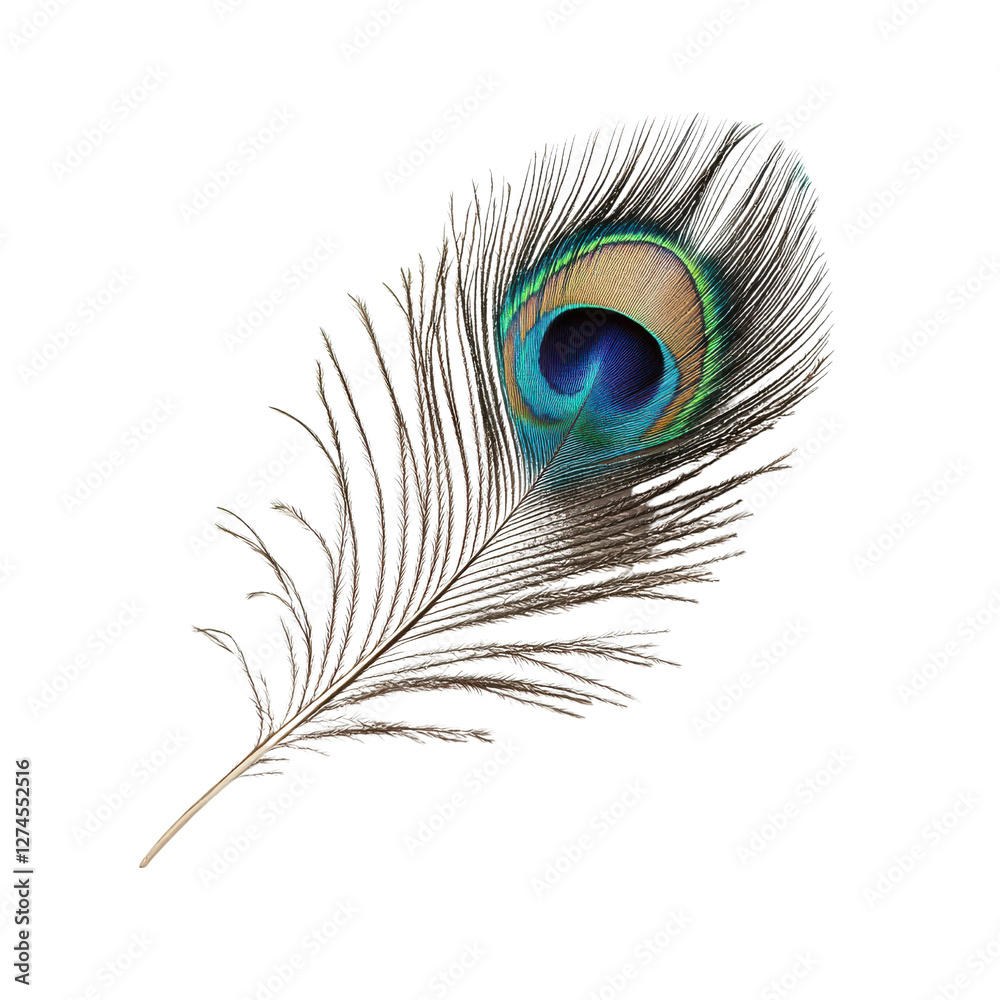 Obraz premium Elegant closeup of vibrant peacock feather on Transparent background