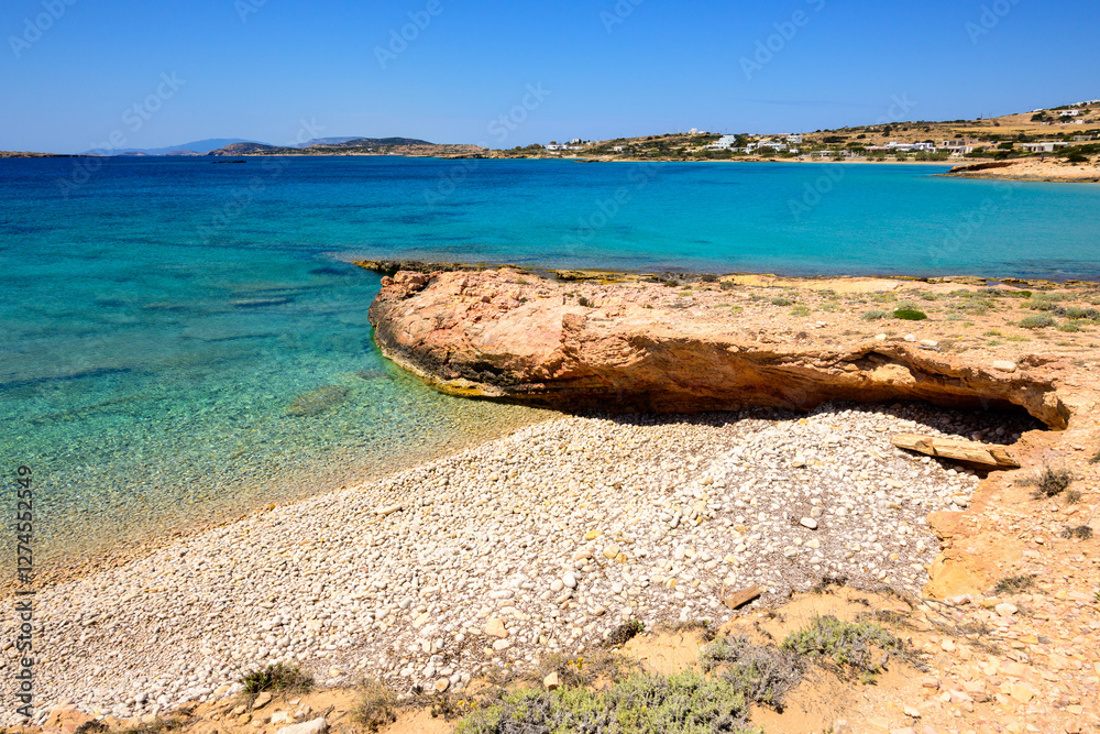 Koufonisia Fanos beach with clear water and rock formations. The south of Koufonisi. Small Cyclades, Greece