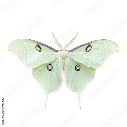 Isolated Luna moth with ethereal delicate translucent wings on white