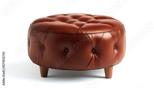 Chic round couch with rich auburn leather, isolated on white background, high resolution,