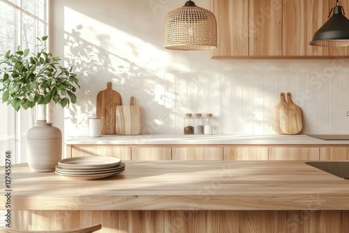 Modern hardwood kitchen with a blurred backdrop.