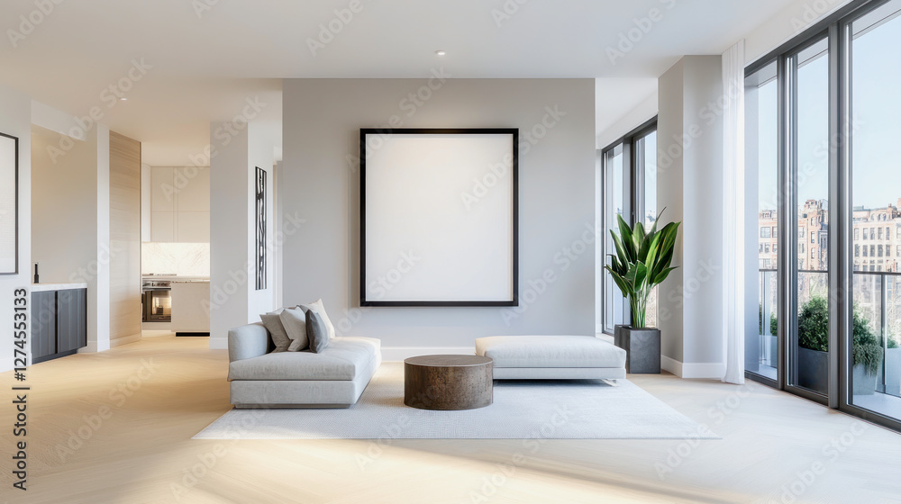 Fototapeta premium Modern living room with a blank frame mockup inviting creativity