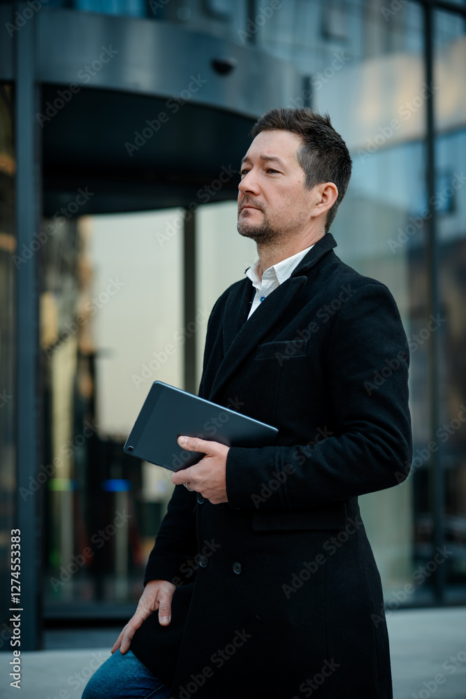 Fototapeta premium Elegant adult businessman stand on city center, downtown background