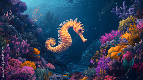A seahorse camouflaged among vibrant corals in an underwater scene. Bioluminescent Tidal Pools. Illustration