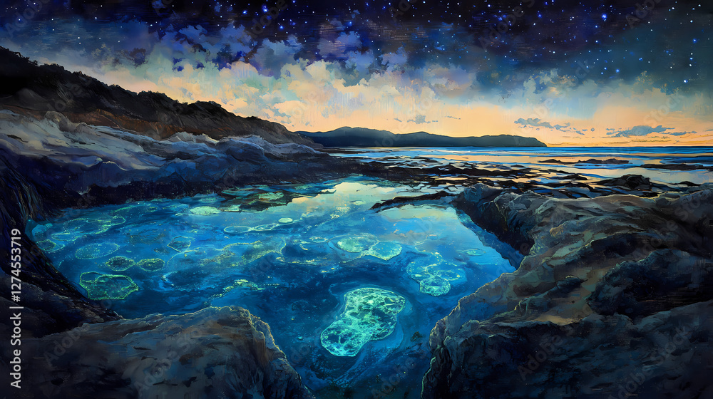 Fototapeta premium Bioluminescent algae in a tide pool at night, illustration art. Bioluminescent Tidal Pools. Illustration