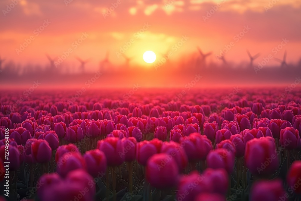 Fototapeta premium Endless pink tulip field under warm golden sunset, misty horizon with windmills in distance, serene countryside, dreamy springtime scenery, vibrant colors.