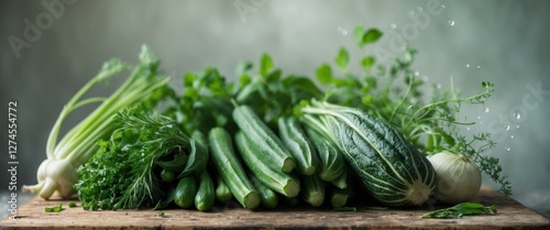 Fresh green vegetables lying on wooden cutting board. photo