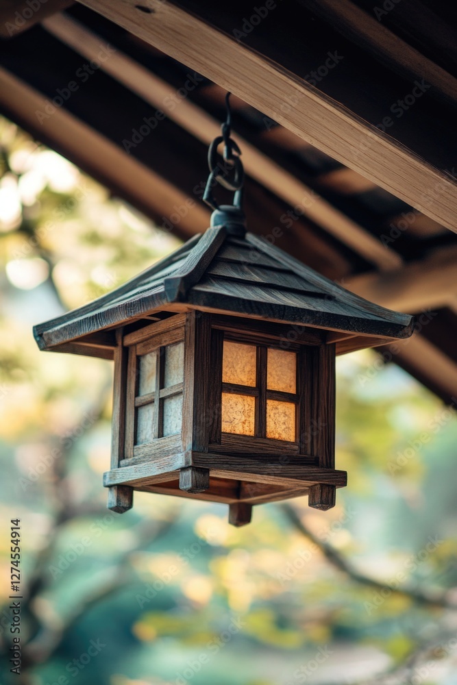 Garden decoration with wooden structure and paper lantern hanging. Garden decoration with wooden structure and paper lantern hanging.