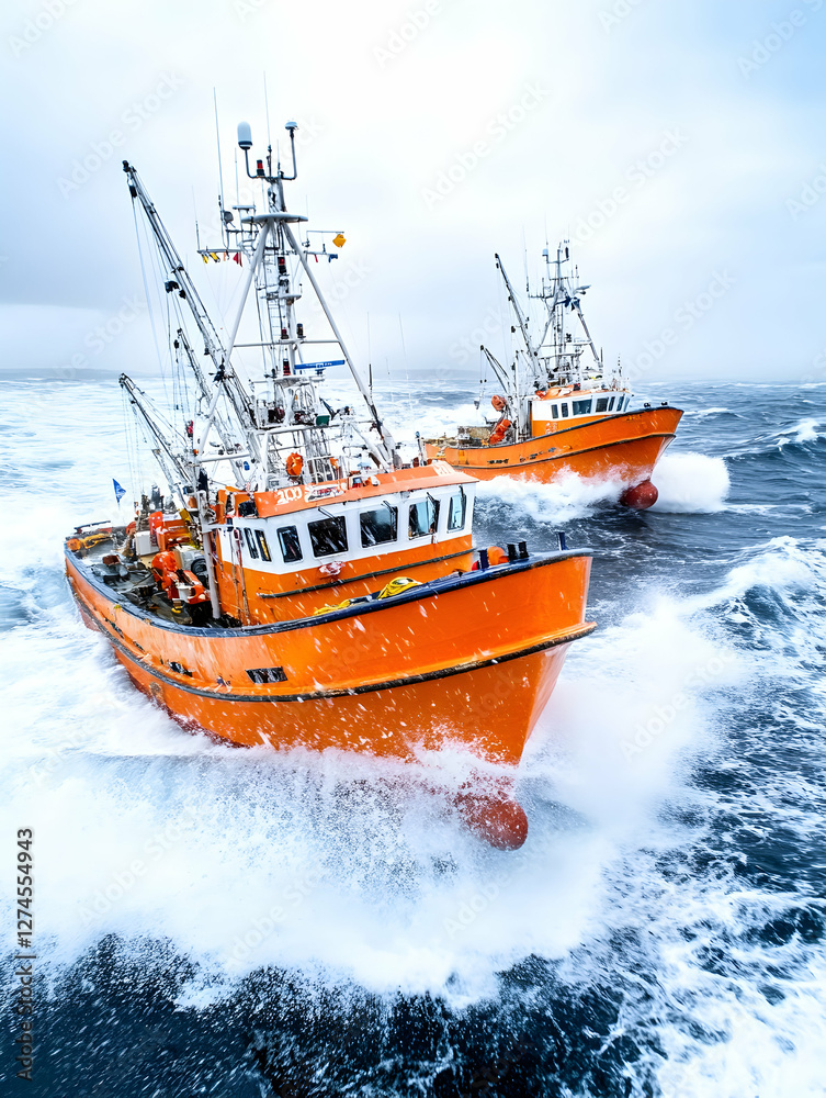 Obraz premium Two orange fishing boats in rough sea