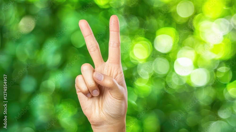 Victory Sign Against a Green Bokeh Background Victory Sign Against a Green Bokeh Background