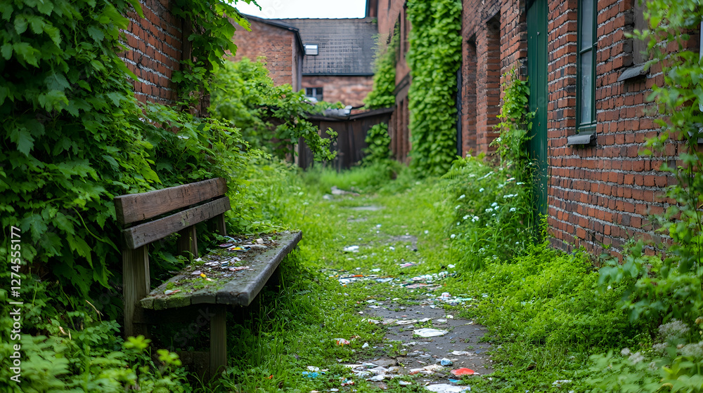 Urban Alleyway, overgrown with plants, littered with trash, wooden bench. Suitable for environmental issues, urban decay, or abandoned places stock photo Urban Alleyway, overgrown with plants, littered with trash, wooden bench. Suitable for environmental issues, urban decay, or abandoned places stock photo