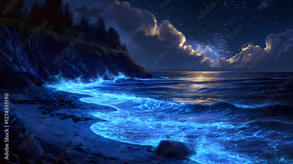 Fototapeta premium Bioluminescent waves illuminating a serene night beach landscape. Bioluminescent Tidal Pools. Illustration