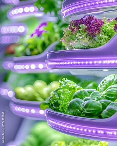 Vertical hydroponic vegetable farm.  Fresh produce, LED lights.  Commercial use photo