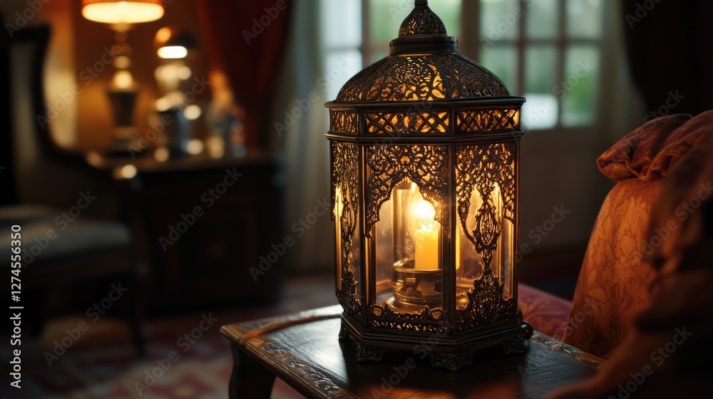 The lantern, with its intricate patterns and soft light, adds a touch of Moroccan charm to any room.
