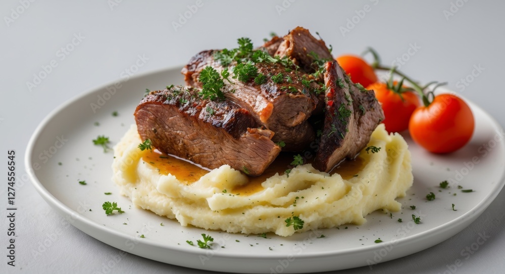 Gourmet Dish of Juicy Meat with Mashed Potatoes and Garnish Gourmet Dish of Juicy Meat with Mashed Potatoes and Garnish
