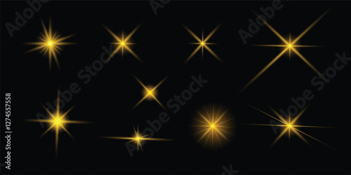 Gold Flash light on black background. Vector glow sparkle effect. Abstract lens flare ignition