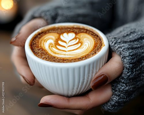 Woman holding a cup of latte art coffee, cozy atmosphere photo