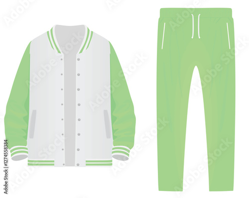 Realistic white and green baseball jacket and bottom, vector