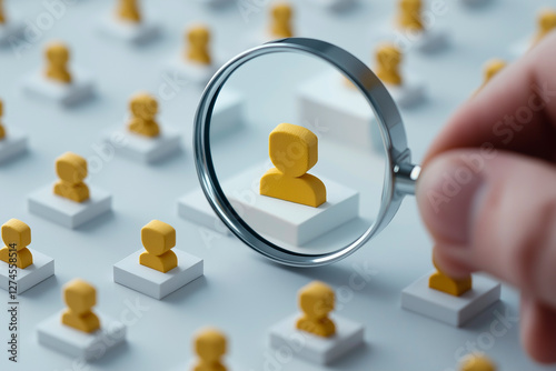 Conceptual business image featuring selected yellow icon under magnifier, emphasizing individual attention, customer insight, targeted audience, and client relationship management.