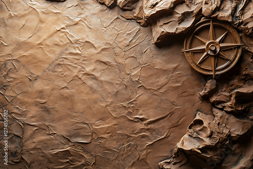 Vintage nautical map with an aged parchment texture, featuring an intricate compass rose and ancient cartographic details. Concept of exploration, adventure, and maritime navigation.

 photo
