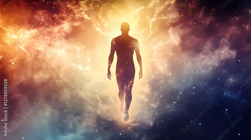 Naklejka premium Glowing silhouetted figure in ethereal spiritual aura. Luminous Metaphysical Energy. Illustration