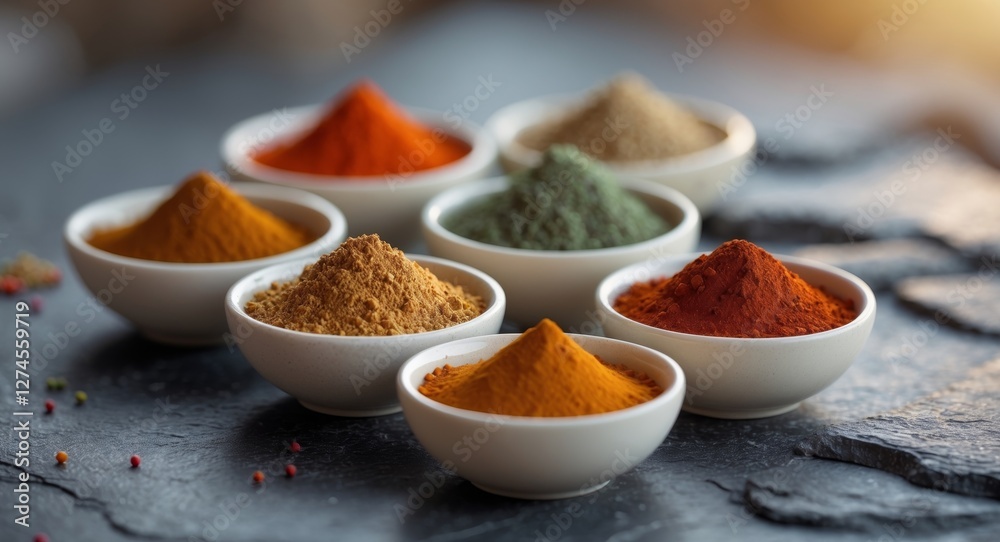 Colorful spices arranged in small bowls on dark stone surface for culinary inspiration. Colorful spices arranged in small bowls on dark stone surface for culinary inspiration.