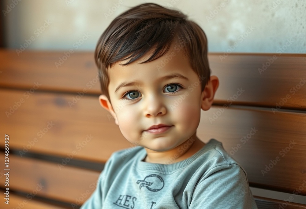 Portrait of a 3-year-old boy sitting on a wooden bench