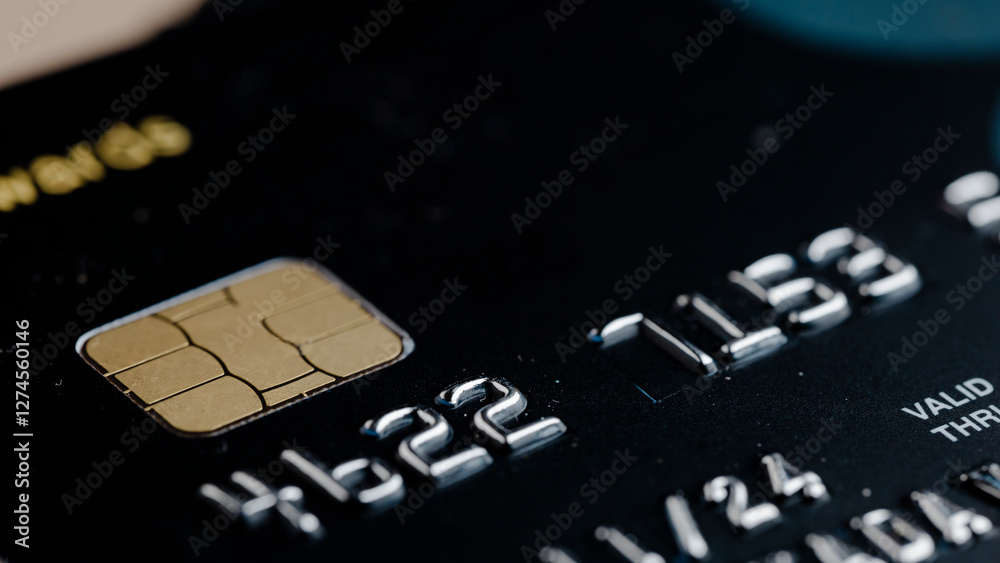 Close-up of a black credit card with a visible chip and embossed numbers, suggesting secure and modern financial transactions. Sleek and professional design. Close-up of a black credit card with a visible chip and embossed numbers, suggesting secure and modern financial transactions. Sleek and professional design.