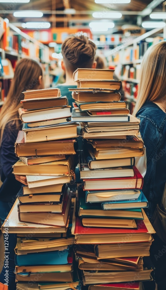 Obraz premium Collaborative study group in a library surrounded by books and laptops working late at night