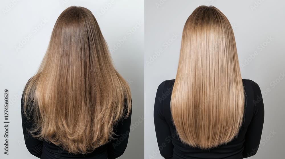Naklejka premium Transforming hair from wavy to straight in a stylish salon, before and after